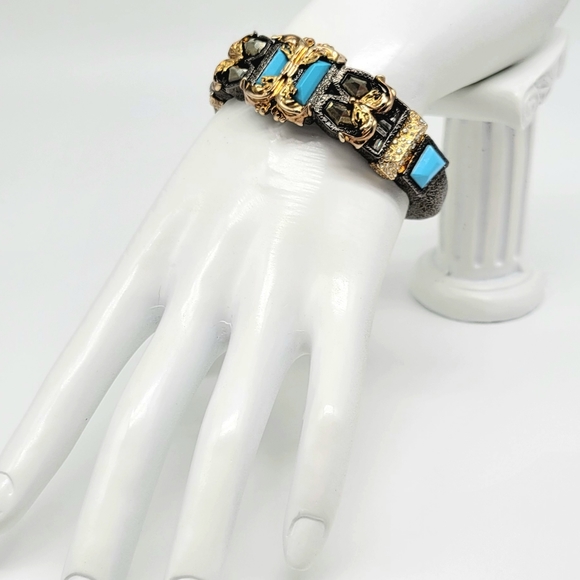 Alexis Bittar Turquoise Glass and Swarovski Crystal Mixed Metal Ormolu Cuff - Picture 6 of 13
